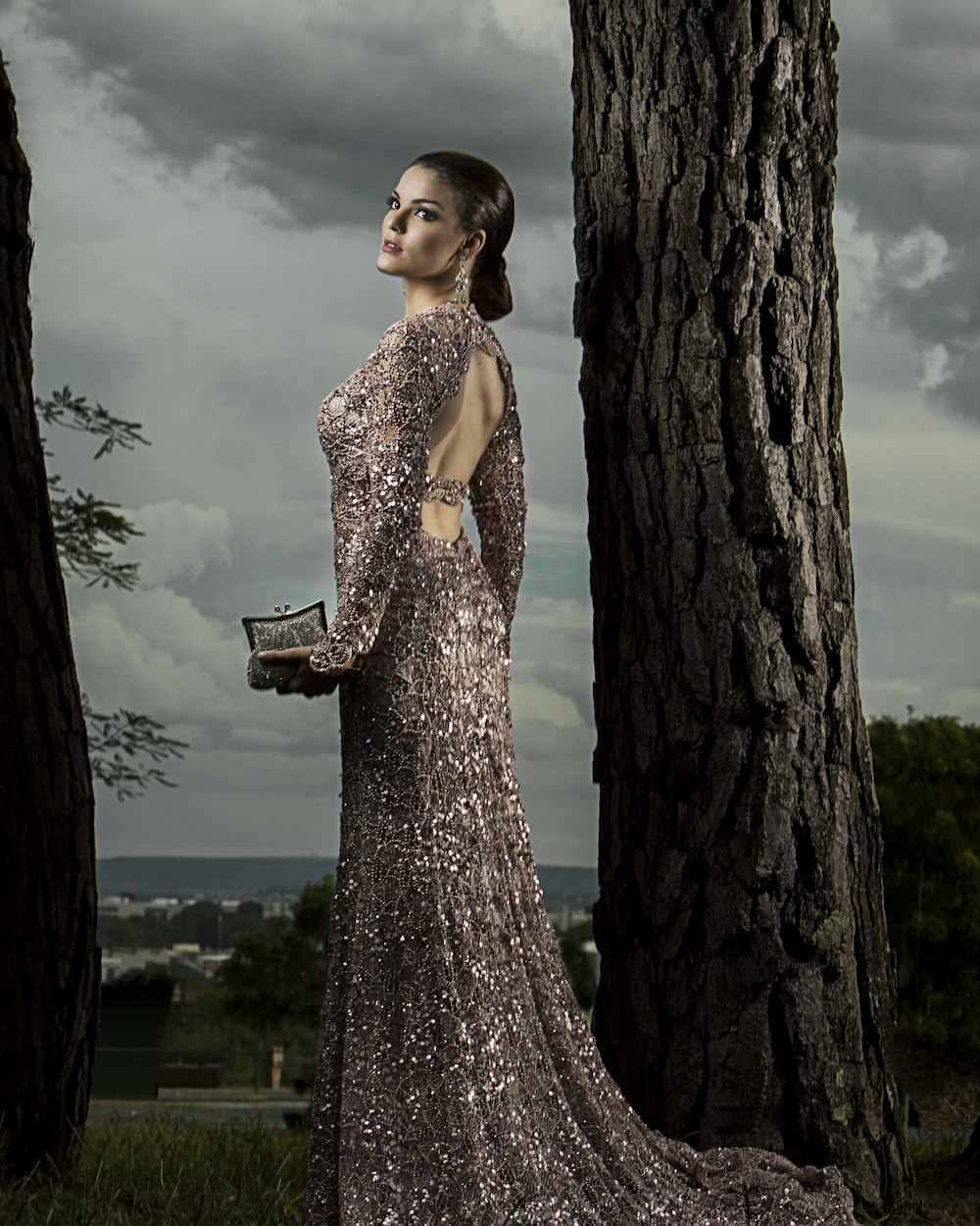 A sequinned floor-length gown styled for an evening event
